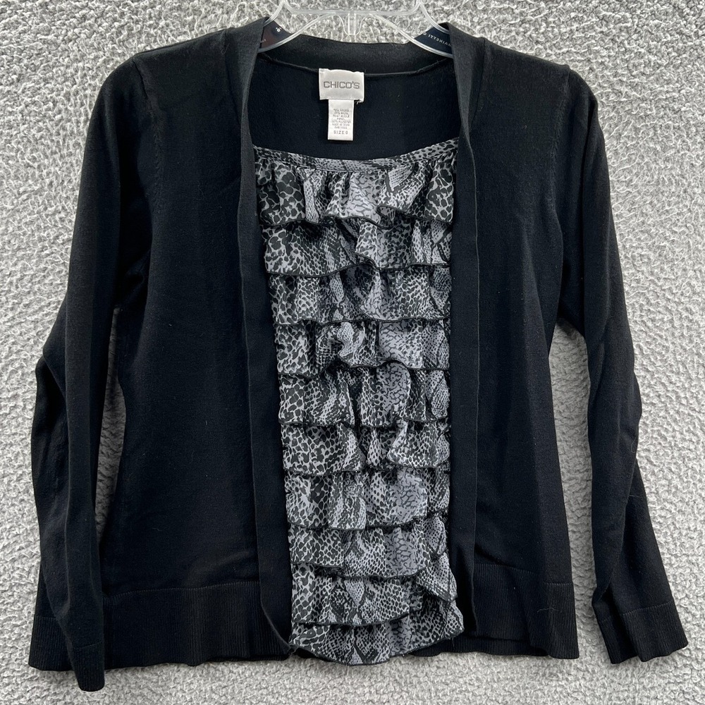 Chicos Womens Ruffle Front Knit Top S Animal Print Layered Look Career Office
